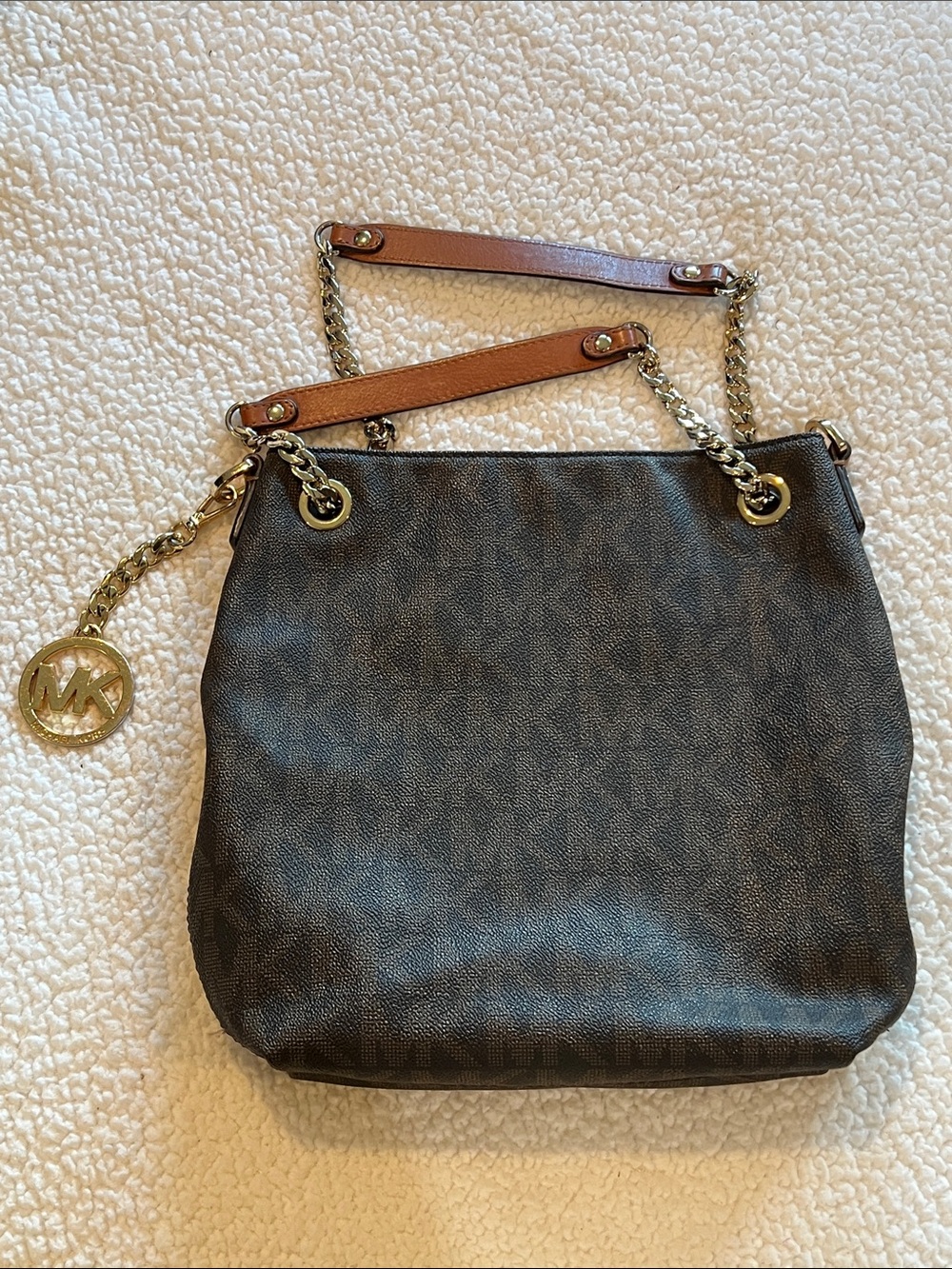 Michael Kors Dark Brown Logo-Print Shoulder Bag with Gold Hardware